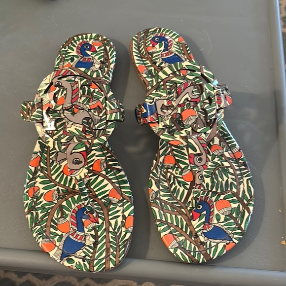 Tory Burch Something Wild Colorful Bird Print Miller Sandals - Picture 1 of 4